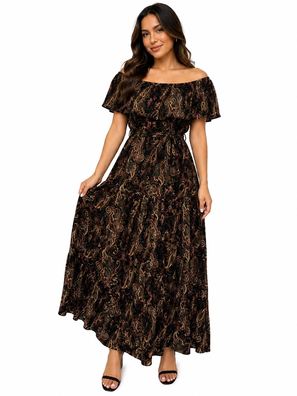 Margaux Riviera Boho Paisley Maxi Dress Off Shoulder Belted 100% Viscose Size L